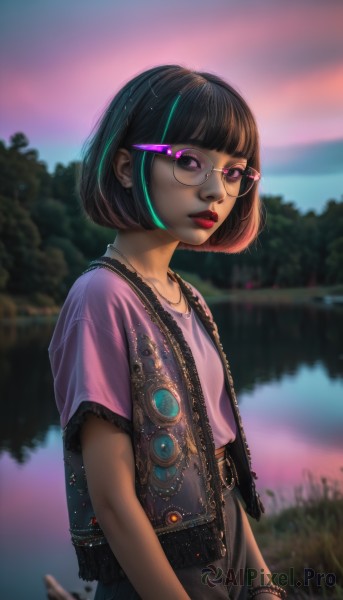 1girl,solo,looking at viewer,short hair,bangs,shirt,black hair,jewelry,closed mouth,standing,purple eyes,jacket,short sleeves,multicolored hair,cowboy shot,outdoors,green hair,open clothes,sky,glasses,day,belt,pants,blunt bangs,pink eyes,water,necklace,blurry,vest,bracelet,from side,two-tone hair,open jacket,tree,lips,streaked hair,makeup,depth of field,blurry background,glowing,bob cut,grass,denim,lipstick,backlighting,pink shirt,sunset,jeans,nose,round eyewear,arms at sides,purple shirt,red lips,river,open vest,lake,pink vest,upper body,earrings,artist name,aqua hair