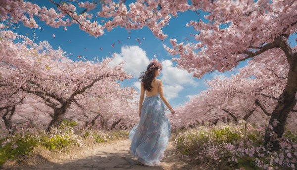 1girl, solo, long hair, brown hair, hair ornament, dress, bare shoulders, flower, outdoors, sky, day, cloud, hair flower, from behind, tree, blue sky, petals, cherry blossoms, scenery