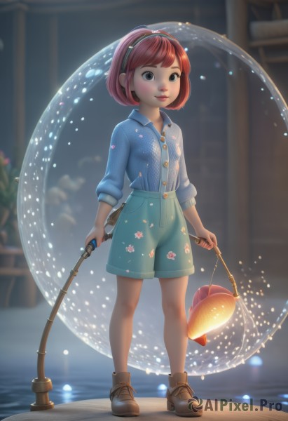 1girl,solo,looking at viewer,smile,short hair,bangs,shirt,long sleeves,holding,closed mouth,standing,full body,pink hair,flower,red hair,hairband,boots,shoes,shorts,collared shirt,indoors,water,blurry,lips,grey eyes,buttons,depth of field,blurry background,brown footwear,floral print,bob cut,blue shirt,child,sleeves rolled up,blue shorts,lantern,female child,lamp,jacket,black eyes,watermark,web address,freckles,fish,fishing rod