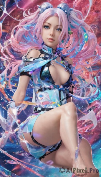 1girl,solo,long hair,breasts,looking at viewer,bangs,blue eyes,gloves,dress,cleavage,bare shoulders,twintails,jewelry,medium breasts,sitting,pink hair,multicolored hair,earrings,parted lips,barefoot,pointy ears,hair bun,feet,lips,parted bangs,clothing cutout,bare legs,double bun,thigh strap,toes,cleavage cutout,realistic,hair ornament,water,legs,soles