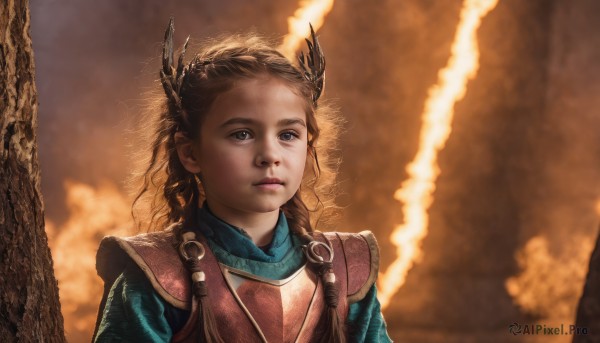 1girl,solo,long hair,looking at viewer,blue eyes,brown hair,brown eyes,closed mouth,upper body,braid,sky,armor,twin braids,tree,lips,curly hair,realistic,nose,hair ornament,outdoors,blurry,blurry background,expressionless,sunlight,feathers,looking up,portrait,backlighting,feather hair ornament