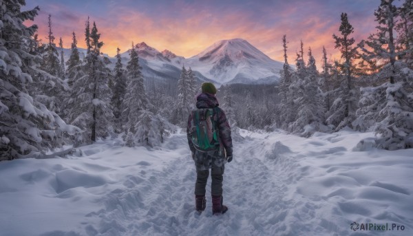 1girl, solo, standing, boots, outdoors, sky, pants, cloud, bag, from behind, tree, backpack, nature, scenery, snow, forest, mountain, winter clothes, winter, bare tree, footprints