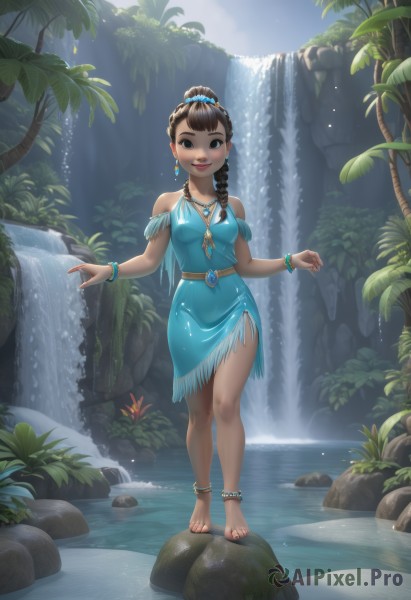 1girl,solo,long hair,breasts,looking at viewer,smile,open mouth,bangs,brown hair,black hair,hair ornament,dress,bare shoulders,brown eyes,jewelry,medium breasts,standing,full body,braid,flower,:d,earrings,outdoors,barefoot,teeth,day,dark skin,water,necklace,nail polish,black eyes,bracelet,feet,dark-skinned female,tree,lips,wet,toes,blue dress,plant,gem,nature,pendant,beads,toenails,rock,anklet,toenail polish,bangle,fringe trim,waterfall,barefoot sandals,parted lips,belt,hair bun,bare legs,makeup,feathers,breasts apart,hair over shoulder,eyeshadow,wide hips,aqua dress,pond,tribal