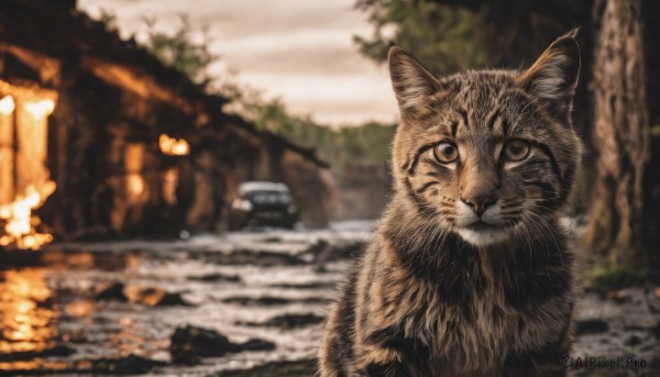 solo,looking at viewer,brown eyes,closed mouth,outdoors,water,blurry,tree,no humans,depth of field,blurry background,animal,cat,ground vehicle,motor vehicle,realistic,car,animal focus,whiskers,photo background,signature,night,scenery,road