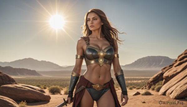 1girl,solo,long hair,breasts,brown hair,navel,holding,cleavage,bare shoulders,brown eyes,medium breasts,closed mouth,standing,collarbone,weapon,cowboy shot,outdoors,sky,day,midriff,belt,sword,dark skin,holding weapon,armor,dark-skinned female,lips,looking to the side,holding sword,armlet,backlighting,toned,rock,mountain,realistic,sun,vambraces,bracer,bikini armor,desert,looking away,sunlight,scenery,breastplate,sand,arm guards