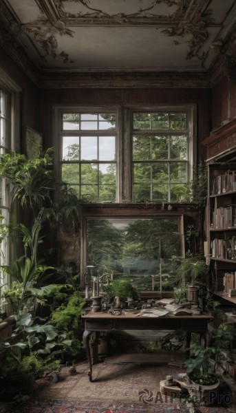 flower,day,indoors,tree,book,no humans,window,chair,table,sunlight,plant,scenery,wooden floor,bookshelf,potted plant,shelf,book stack,carpet,rug,bottle,desk,messy room