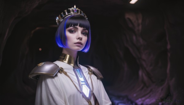 1girl,solo,looking at viewer,short hair,bangs,black hair,jewelry,closed mouth,blue hair,purple eyes,upper body,purple hair,multicolored hair,blunt bangs,armor,black eyes,two-tone hair,lips,makeup,bob cut,crown,shoulder armor,gem,pauldrons,streaked hair,black background,robe,dark background