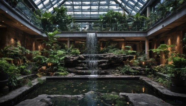 outdoors,day,indoors,water,tree,no humans,window,leaf,sunlight,plant,nature,scenery,rock,stairs,architecture,ruins,bridge,moss,overgrown,potted plant,ceiling