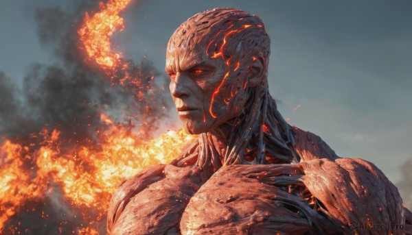 A vivid fiery dynamic scene highlighting a male