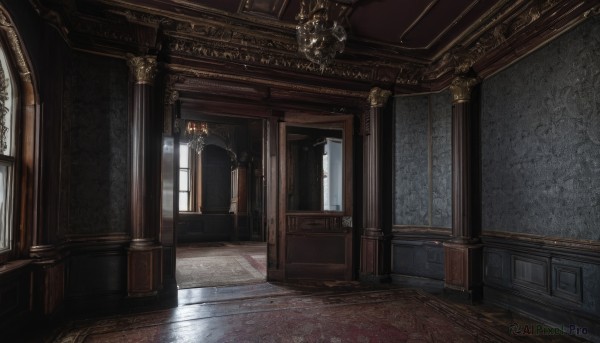 day,indoors,no humans,window,sunlight,scenery,wooden floor,stairs,door,candle,architecture,pillar,hallway,carpet,church,arch,candlestand,chandelier,fantasy,tiles,light,wall,tile floor,floor,ceiling,reflective floor,column