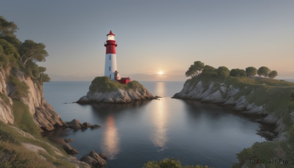 outdoors,sky,day,cloud,water,tree,no humans,grass,nature,scenery,forest,reflection,sunset,rock,mountain,sun,horizon,river,castle,tower,landscape,lake,cliff,1girl,solo,sitting,ocean,lighthouse