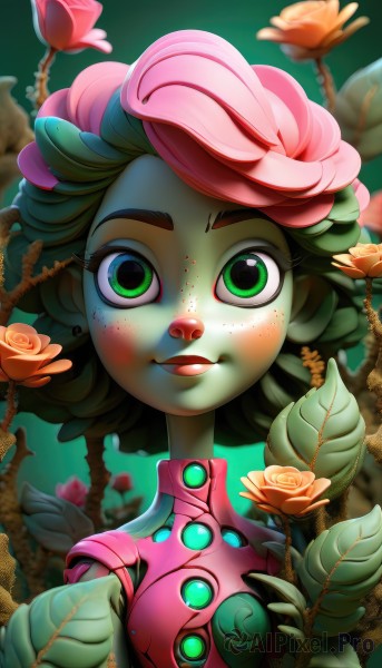 1girl,solo,looking at viewer,smile,short hair,open mouth,hair ornament,jewelry,green eyes,upper body,flower,earrings,parted lips,green hair,teeth,hair flower,blurry,lips,rose,colored skin,leaf,plant,monster girl,pink flower,freckles,green background,curly hair,green skin,vines,thorns,orange flower,plant girl,brown hair,pink hair,multicolored hair,artist name,two-tone hair,watermark,web address