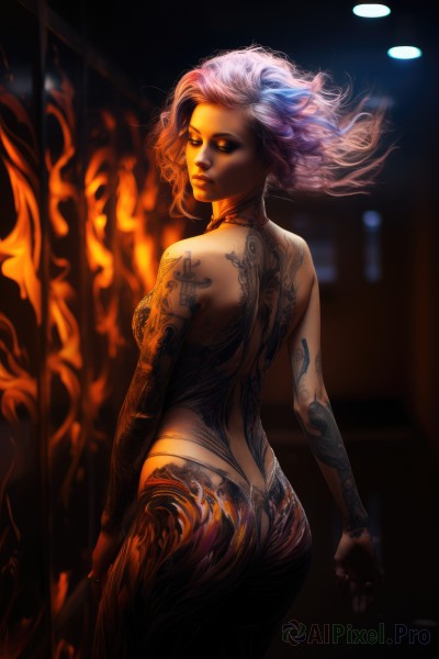 1girl,solo,breasts,looking at viewer,short hair,bare shoulders,medium breasts,blue hair,yellow eyes,pink hair,ass,multicolored hair,looking back,dark skin,from behind,blurry,dark-skinned female,lips,tattoo,night,blurry background,back,fire,butt crack,backless outfit,bare back,arm tattoo,back tattoo,full-body tattoo,jewelry,white hair,orange eyes,makeup,glowing,glowing eyes,colored sclera,fiery hair,glowing hair