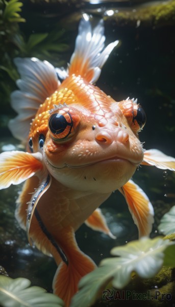 solo,closed mouth,flower,artist name,water,blurry,pokemon (creature),no humans,depth of field,headphones,animal,leaf,watermark,white flower,web address,fish,bubble,underwater,realistic,air bubble,animal focus,swimming,goldfish,blue eyes,full body,sunlight,fins