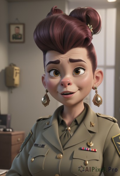 1girl,solo,breasts,looking at viewer,smile,short hair,open mouth,brown hair,shirt,brown eyes,jewelry,medium breasts,jacket,upper body,earrings,necktie,teeth,collared shirt,indoors,hair bun,blurry,uniform,lips,military,military uniform,buttons,blurry background,single hair bun,thick eyebrows,freckles,epaulettes,pocket,breast pocket,brown shirt,badge,military jacket,medal,world war ii,artist name,depth of field,realistic,nose,lamp