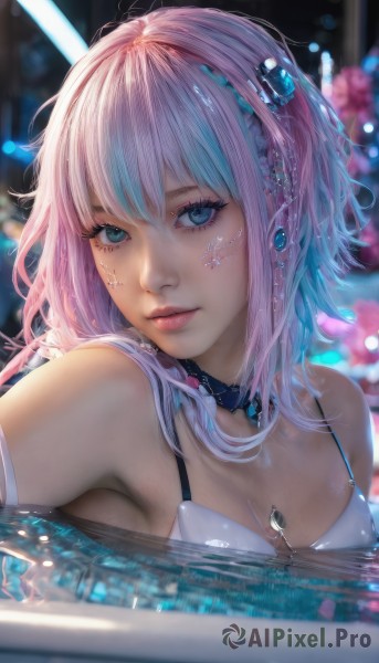 1girl,solo,long hair,breasts,looking at viewer,short hair,bangs,blue eyes,cleavage,bare shoulders,jewelry,medium breasts,closed mouth,blue hair,swimsuit,upper body,pink hair,bikini,multicolored hair,earrings,choker,artist name,medium hair,armpits,water,blurry,two-tone hair,lips,wet,eyelashes,aqua hair,makeup,depth of field,blurry background,white bikini,gem,partially submerged,realistic,nose,pool,mascara,hair ornament,hair between eyes,underwear,braid,small breasts,necklace,bra,streaked hair,facial mark,water drop