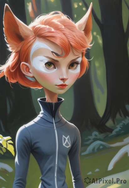 1girl,solo,breasts,looking at viewer,blush,short hair,long sleeves,animal ears,brown eyes,closed mouth,jacket,yellow eyes,upper body,red hair,small breasts,outdoors,artist name,orange hair,tree,lips,fox ears,makeup,nature,forest,freckles,red lips,cat ears,mole,eyelashes,mole under eye,extra ears,zipper,track jacket