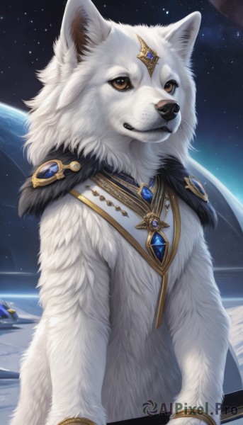 solo,brown eyes,jewelry,sky,signature,necklace,bracelet,fur trim,no humans,animal,brooch,gem,star (sky),starry sky,dog,space,animal focus,white fur,planet,wolf,earth (planet),red gemstone,fluffy,looking at viewer,sitting,yellow eyes,teeth,fangs,ring,night sky,realistic