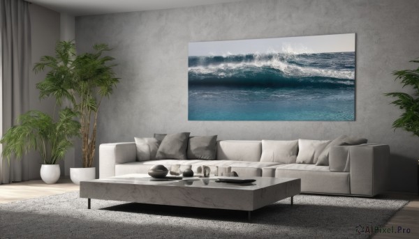 food,sky,indoors,water,cup,pillow,book,no humans,window,bed,ocean,table,plant,curtains,scenery,couch,plate,wooden floor,horizon,potted plant,on couch,cushion,waves,painting (object),carpet,flower pot,rug,cloud,tree,shadow,bowl,controller,wall,television,remote control,picture (object)