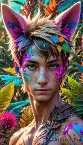 solo,looking at viewer,short hair,bangs,brown hair,1boy,holding,animal ears,brown eyes,jewelry,closed mouth,collarbone,yellow eyes,upper body,flower,male focus,multicolored hair,earrings,artist name,cat ears,blurry,lips,fox ears,eyelashes,tattoo,makeup,blurry background,leaf,facial mark,piercing,plant,ear piercing,portrait,extra ears,close-up,pink flower,eyeshadow,freckles,topless male,yellow flower,nose,purple flower,holding flower,dripping,bodypaint,mascara,black hair,bare shoulders,sweat,outdoors,blood,watermark,sunlight,nature,web address,blood on face,realistic,very short hair,colorful,paint splatter,paint