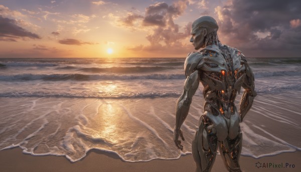 solo, 1boy, ass, male focus, outdoors, sky, cloud, water, from behind, ocean, beach, science fiction, sunset, sun, horizon, cyborg