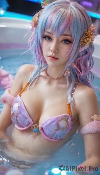 1girl,solo,long hair,breasts,looking at viewer,bangs,blue eyes,hair ornament,cleavage,bare shoulders,jewelry,medium breasts,closed mouth,blue hair,collarbone,swimsuit,upper body,pink hair,bikini,multicolored hair,artist name,water,necklace,mole,blurry,two-tone hair,lips,streaked hair,wet,grey eyes,makeup,depth of field,blurry background,armlet,partially submerged,beads,realistic,nose,pink bikini,pool,purple bikini,pearl necklace,navel,earrings,petals,eyelashes,mole under eye,watermark,piercing,freckles,pink lips