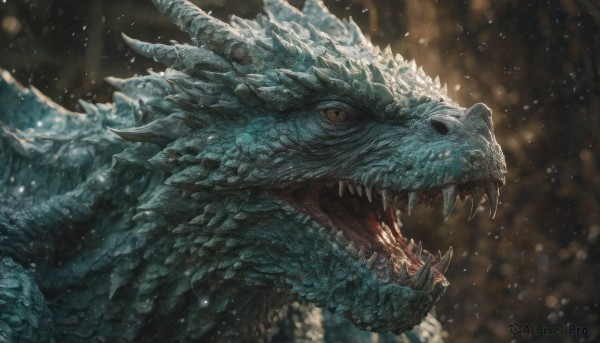 solo,open mouth,yellow eyes,outdoors,horns,teeth,tongue,blurry,from side,no humans,fangs,sharp teeth,claws,snow,1other,spikes,monster,snowing,dragon,scales,kaijuu,blurry background