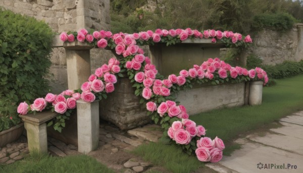 flower,outdoors,day,no humans,rose,grass,plant,scenery,pink flower,bush,ruins,pink rose,pillar,path,arch,leaf,vines,stone floor