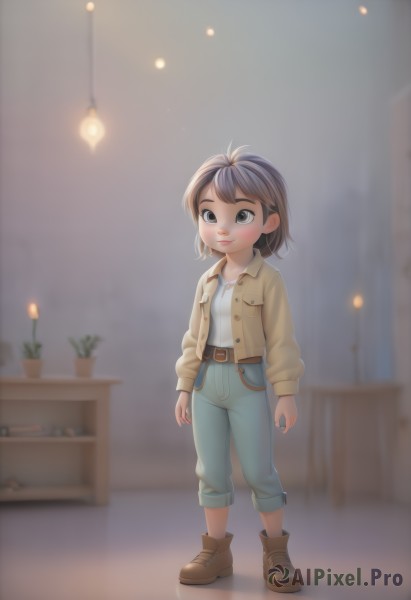 1girl,solo,smile,short hair,brown hair,shirt,black hair,long sleeves,brown eyes,closed mouth,standing,jacket,full body,white shirt,boots,open clothes,belt,pants,artist name,indoors,blurry,black eyes,blurry background,brown footwear,denim,child,jeans,female child,potted plant,brown belt,lamp,shoes,depth of field,plant,light bulb