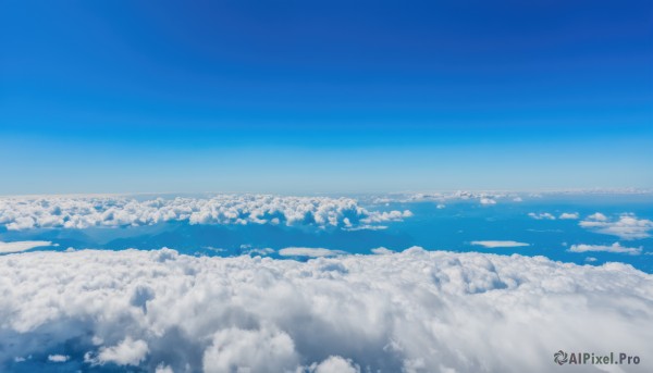 monochrome,outdoors,sky,day,cloud,blue sky,no humans,ocean,cloudy sky,scenery,blue theme,city,horizon,cityscape,landscape,above clouds,water