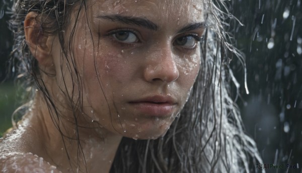 1girl, solo, long hair, looking at viewer, black hair, brown eyes, closed mouth, blurry, lips, wet, portrait, close-up, rain, water drop, realistic, nose, wet hair