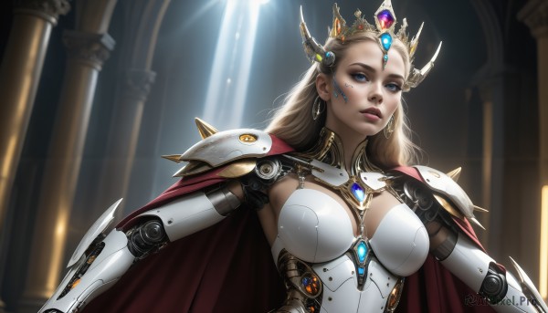 HQ,1girl,solo,long hair,breasts,looking at viewer,blue eyes,blonde hair,large breasts,cleavage,jewelry,medium breasts,upper body,earrings,parted lips,cape,armor,blurry,lips,blurry background,facial mark,tiara,crown,shoulder armor,gem,pauldrons,android,red cape,mechanical arms,forehead jewel,cyborg,indoors,backlighting,science fiction,realistic,nose,joints,pillar,robot joints