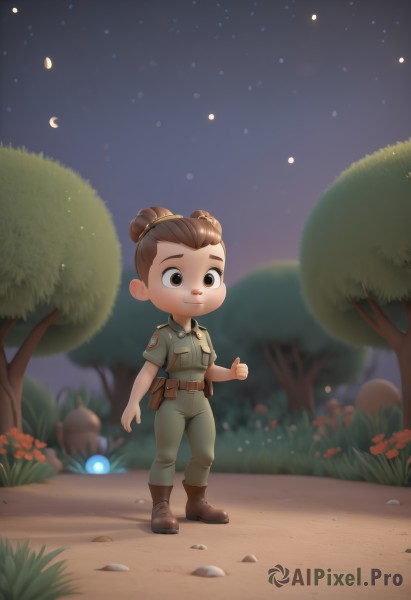 1girl,solo,smile,short hair,brown hair,shirt,1boy,brown eyes,closed mouth,standing,full body,flower,short sleeves,male focus,boots,outdoors,sky,belt,pants,hair bun,chibi,blurry,uniform,tree,military,military uniform,night,brown footwear,single hair bun,grass,child,star (sky),night sky,starry sky,pocket,pouch,rock,green shirt,brown belt,breast pocket,male child,thumbs up,belt pouch,green pants,moon,red flower,mushroom,crescent moon