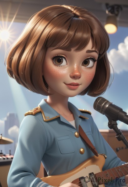 1girl,solo,looking at viewer,smile,short hair,bangs,brown hair,shirt,long sleeves,holding,brown eyes,upper body,outdoors,parted lips,sky,day,artist name,cloud,indoors,blurry,uniform,blue sky,lips,eyelashes,buttons,depth of field,blurry background,watermark,sunlight,bob cut,thick eyebrows,blue shirt,instrument,microphone,web address,backlighting,freckles,nose,music,sun,guitar,playing instrument,holding instrument,electric guitar,microphone stand,drum,jacket