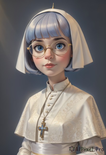 1girl,solo,looking at viewer,blush,smile,short hair,bangs,blue eyes,simple background,long sleeves,dress,jewelry,closed mouth,blue hair,upper body,grey hair,glasses,shiny,artist name,blunt bangs,necklace,white dress,lips,eyelashes,makeup,capelet,bob cut,cross,black background,veil,freckles,realistic,nose,round eyewear,red lips,nun,cross necklace,white capelet,yellow-framed eyewear,breasts,gradient,gradient background,semi-rimless eyewear,habit