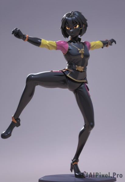 1girl,solo,breasts,short hair,bangs,simple background,shirt,black hair,gloves,long sleeves,jewelry,closed mouth,standing,full body,yellow eyes,small breasts,shoes,teeth,black gloves,belt,pants,dark skin,grey background,black footwear,vest,high heels,orange eyes,bodysuit,colored skin,black pants,standing on one leg,outstretched arms,colored sclera,fighting stance,grey skin,black skin,mask,glowing,glowing eyes,tokusatsu