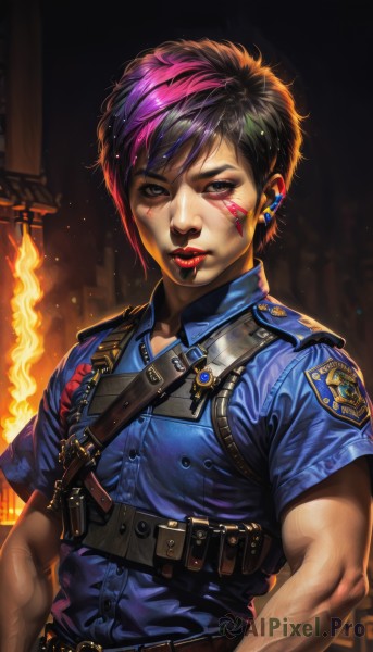 1girl,solo,looking at viewer,short hair,blue eyes,shirt,black hair,jewelry,upper body,pink hair,purple hair,short sleeves,multicolored hair,earrings,parted lips,collared shirt,belt,uniform,black eyes,two-tone hair,lips,streaked hair,makeup,muscular,scar,facial mark,piercing,fire,blue shirt,lipstick,eyeshadow,veins,realistic,nose,muscular female,red lips,eyeliner,facepaint,badge,police,harness,police uniform,policewoman,mascara,chest harness,embers,earpiece,nose piercing,eyebrow cut,walkie-talkie,bangs,closed mouth,artist name,signature,swept bangs,ear piercing,stud earrings,very short hair