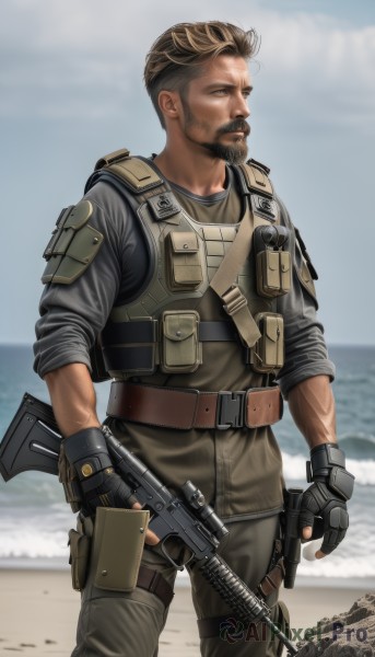 solo,brown hair,shirt,gloves,1boy,holding,brown eyes,weapon,male focus,multicolored hair,outdoors,day,black gloves,belt,pants,fingerless gloves,water,holding weapon,blurry,uniform,vest,two-tone hair,gun,looking to the side,military,military uniform,muscular,blurry background,facial hair,ocean,beach,muscular male,holding gun,rifle,beard,sleeves rolled up,mature male,realistic,mustache,sand,assault rifle,holster,manly,m4 carbine,load bearing vest,bulletproof vest,short hair,blue eyes,blonde hair,black hair,closed mouth,standing,jacket,sky,trigger discipline,tactical clothes