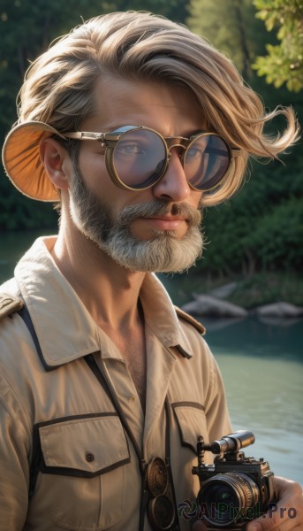 solo,looking at viewer,blue eyes,shirt,1boy,holding,closed mouth,jacket,upper body,white hair,grey hair,male focus,outdoors,glasses,day,collared shirt,artist name,water,blurry,tree,depth of field,blurry background,facial hair,sunglasses,nature,beard,mature male,realistic,round eyewear,mustache,camera,old,chest hair,old man,river,holding camera,aviator sunglasses,short hair,lips,buttons,sunlight,forest,pocket,brown jacket,nose,breast pocket