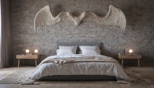 wings,indoors,pillow,book,no humans,bed,on bed,chair,table,curtains,scenery,feathered wings,wooden floor,blanket,lamp,bedroom,carpet,angel wings