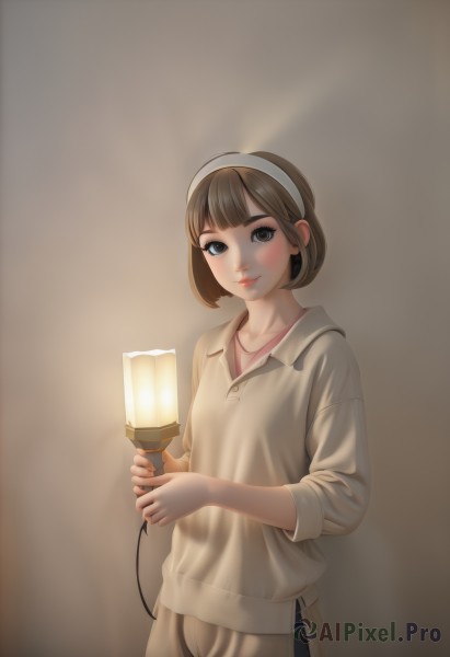 1girl,solo,looking at viewer,smile,short hair,bangs,blue eyes,brown hair,shirt,long sleeves,holding,brown eyes,closed mouth,standing,cowboy shot,hairband,collared shirt,blunt bangs,lips,bob cut,brown background,lantern,white hairband,light,lamp,blush,simple background,collarbone,pants,light smile,pink shirt