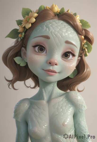 1girl,solo,breasts,looking at viewer,blush,smile,short hair,simple background,brown hair,hair ornament,brown eyes,closed mouth,nipples,collarbone,upper body,flower,nude,small breasts,hair flower,lips,head tilt,colored skin,leaf,monster girl,freckles,brown background,scales,white background,parted lips,see-through,eyelashes,realistic