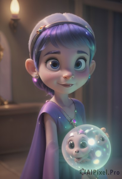 1girl,solo,looking at viewer,smile,short hair,bangs,blue eyes,dress,holding,jewelry,closed mouth,collarbone,upper body,purple hair,hairband,earrings,artist name,indoors,necklace,cape,blurry,blurry background,tiara,aged down,gem,child,purple dress,freckles,female child,candle,purple cape,crystal ball,blush,multiple girls,2girls,lips,blue dress,glowing,animal,dog