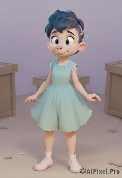 1girl,solo,looking at viewer,blush,smile,short hair,bangs,black hair,hair ornament,dress,animal ears,brown eyes,closed mouth,blue hair,standing,full body,short sleeves,shoes,sleeveless,socks,hairclip,artist name,indoors,black eyes,flat chest,see-through,saliva,sleeveless dress,blue dress,white footwear,child,furry,furry female,female child,aqua dress,pig ears,torn clothes,sneakers,green dress