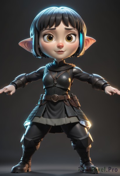 1girl,solo,looking at viewer,smile,short hair,bangs,simple background,black hair,brown eyes,standing,full body,yellow eyes,boots,parted lips,pointy ears,belt,pants,chibi,black footwear,armor,lips,black pants,knee boots,outstretched arms,black background,shoulder armor,backlighting,freckles,pouch,breastplate,belt pouch,tunic,shortstack,lalafell,breasts,multicolored hair,scarf,elf,black nails,spread arms