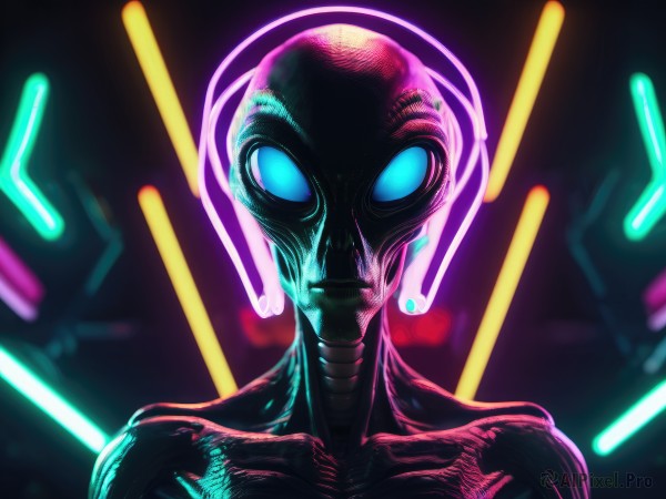 solo,looking at viewer,blue eyes,1boy,collarbone,upper body,male focus,blurry,mask,glowing,portrait,glowing eyes,science fiction,alien,neon lights,jewelry,bodysuit,laser