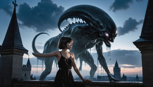 1girl,solo,breasts,short hair,open mouth,bangs,black hair,dress,bare shoulders,jewelry,collarbone,earrings,small breasts,outdoors,horns,sky,teeth,sleeveless,cloud,necklace,black dress,saliva,sleeveless dress,bob cut,cloudy sky,sharp teeth,building,monster,giant,dripping,standing,purple eyes,tail,day,blue sky,bare arms,blood,makeup,glowing,outstretched arm,lipstick,glowing eyes,tentacles,red lips,creature,eldritch abomination