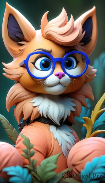 1girl,solo,looking at viewer,smile,bangs,blue eyes,simple background,animal ears,closed mouth,upper body,flower,multicolored hair,outdoors,glasses,artist name,signature,orange hair,blurry,collar,fox ears,pokemon (creature),no humans,:3,blurry background,watermark,happy,plant,furry,freckles,green background,fur collar,blue flower,blurry foreground,round eyewear,furry female,body fur,animal focus,white fur,straight-on,animal nose,brown fur,two-tone fur,blue-framed eyewear,blue fur,orange fur,short hair,shirt,leaf,portrait,orange shirt