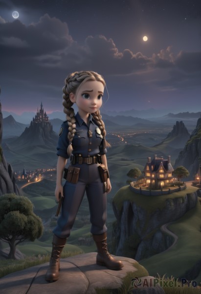 1girl,solo,long hair,looking at viewer,blue eyes,brown hair,shirt,holding,twintails,brown eyes,standing,full body,weapon,braid,boots,outdoors,sky,belt,pants,artist name,cloud,holding weapon,uniform,twin braids,tree,lips,gun,grey eyes,night,brown footwear,moon,grass,blue shirt,building,star (sky),holding gun,night sky,scenery,forehead,full moon,handgun,sleeves rolled up,starry sky,pocket,pouch,mountain,police,river,police uniform,cross-laced footwear,city,castle,lake