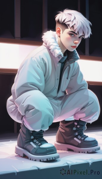 solo,looking at viewer,blush,short hair,black hair,long sleeves,1boy,closed mouth,jacket,full body,white hair,male focus,multicolored hair,boots,open clothes,pants,two-tone hair,lips,coat,sleeves past wrists,fur trim,squatting,thick eyebrows,snow,white pants,nose,winter clothes,undercut,winter coat,shirt,artist name,open jacket,black shirt,blue jacket,bandaid,fur collar,bandaid on face,fur-trimmed jacket